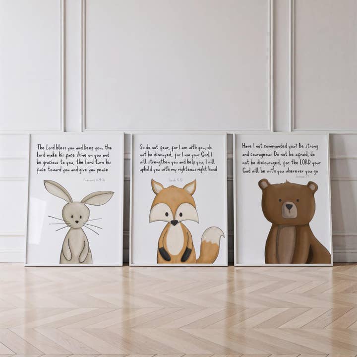 Woodland Bible Verse Nursery Prints – Set of 3 for wholesale by Dolly and Fred Designs