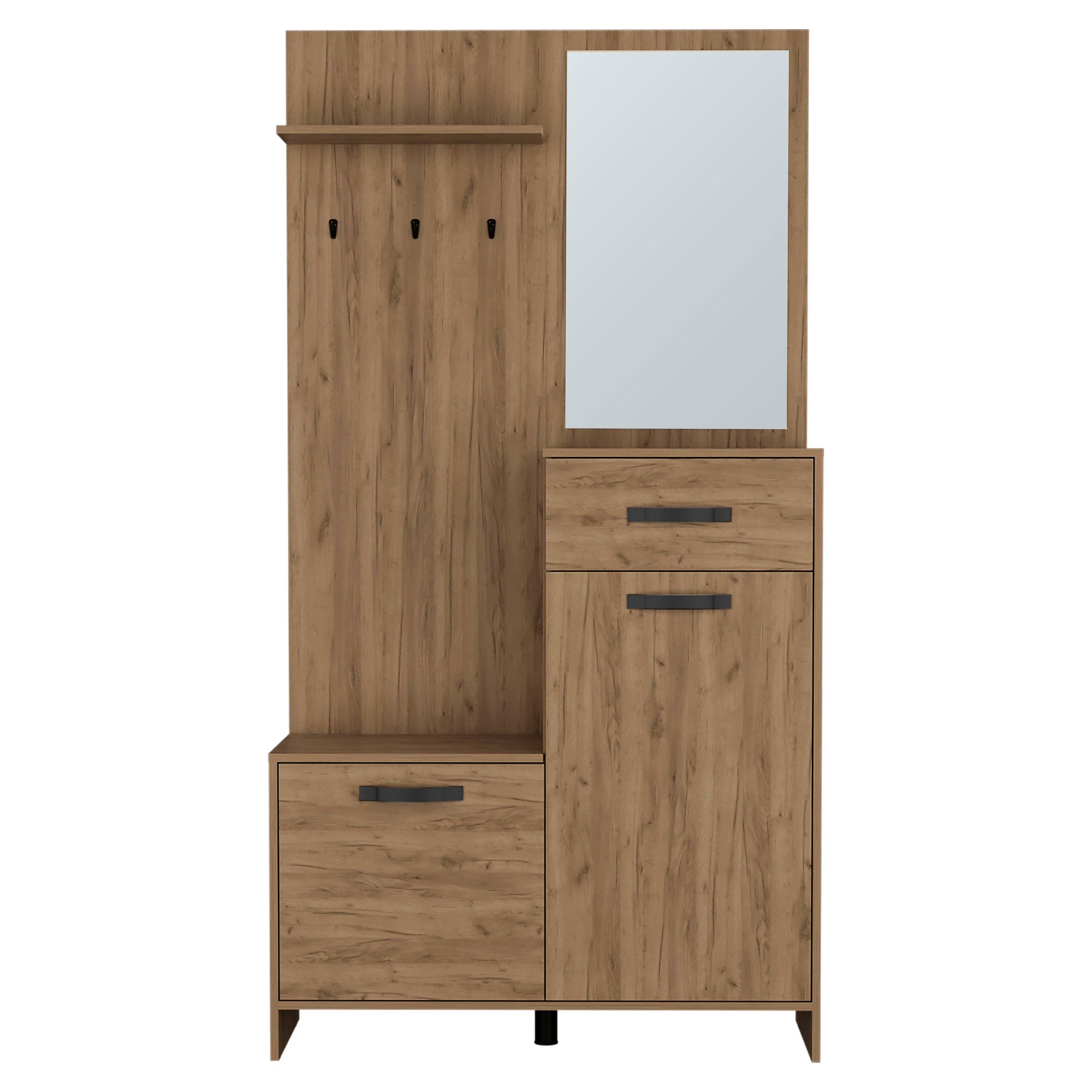 Natural Oak Parker Mirrored Tree Hall with Hangers, Three Shelves, Two Cabinets, One Drawer, Entry way, Console Table, Living Room 75" Tall for wholesale on Faire2