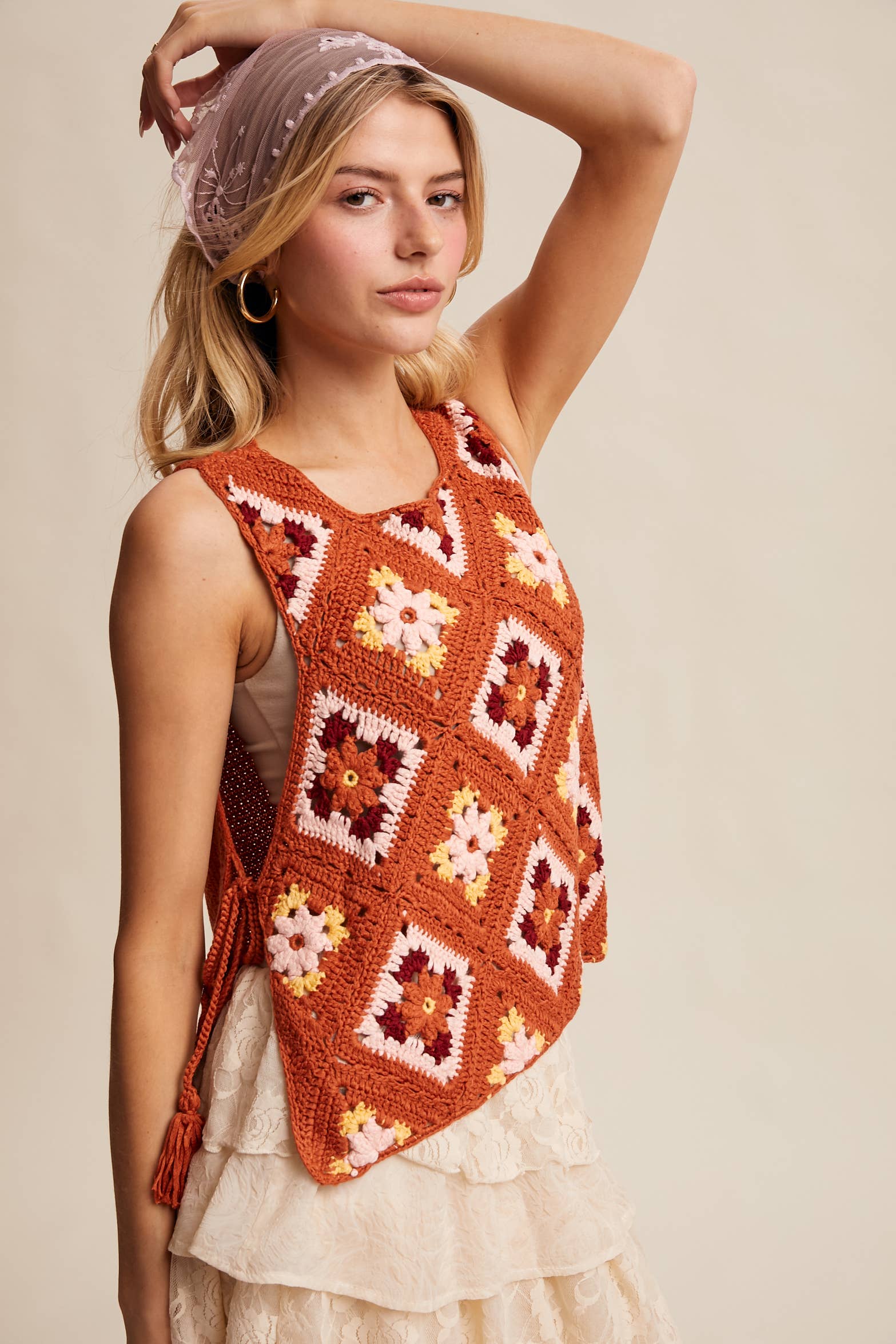 Listicle - Wholesale Sweater Vest - Women's - Crochet Granny Square Tassel Tie Vest LSW100630