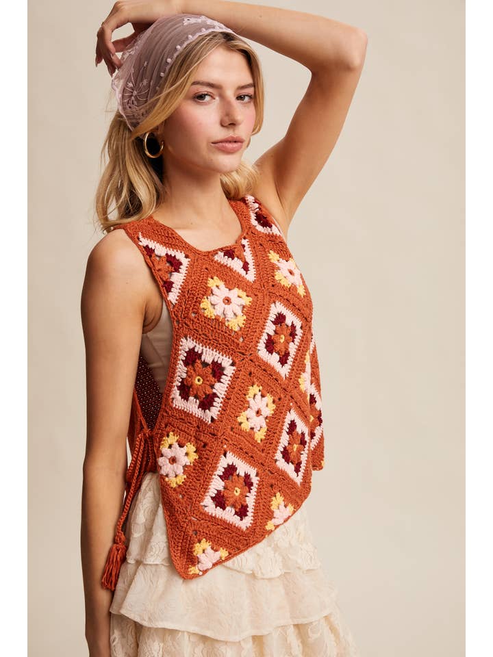 Listicle - Wholesale Sweater Vest - Women's - Crochet Granny Square Tassel Tie Vest LSW100633