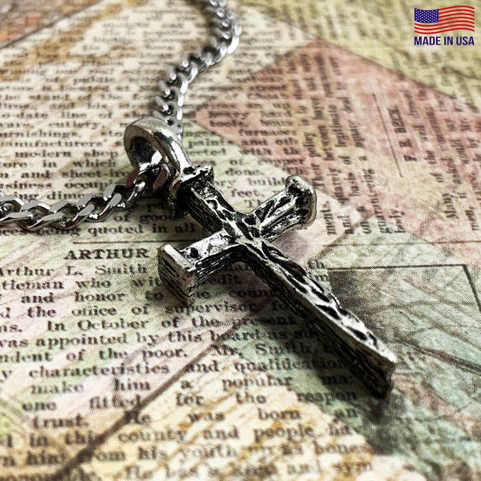 Collana con Croce a Chiodo in Acciaio Inossidabile Argento Antico per la vendita all'ingrosso da parte di Forgiven Jewelry