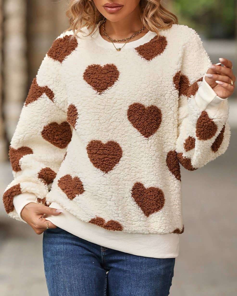 HIDDENBRAND - Wholesale Sweatshirt - Women's - heart print relaxed loose sherpa teddy pullover sweatshirt4