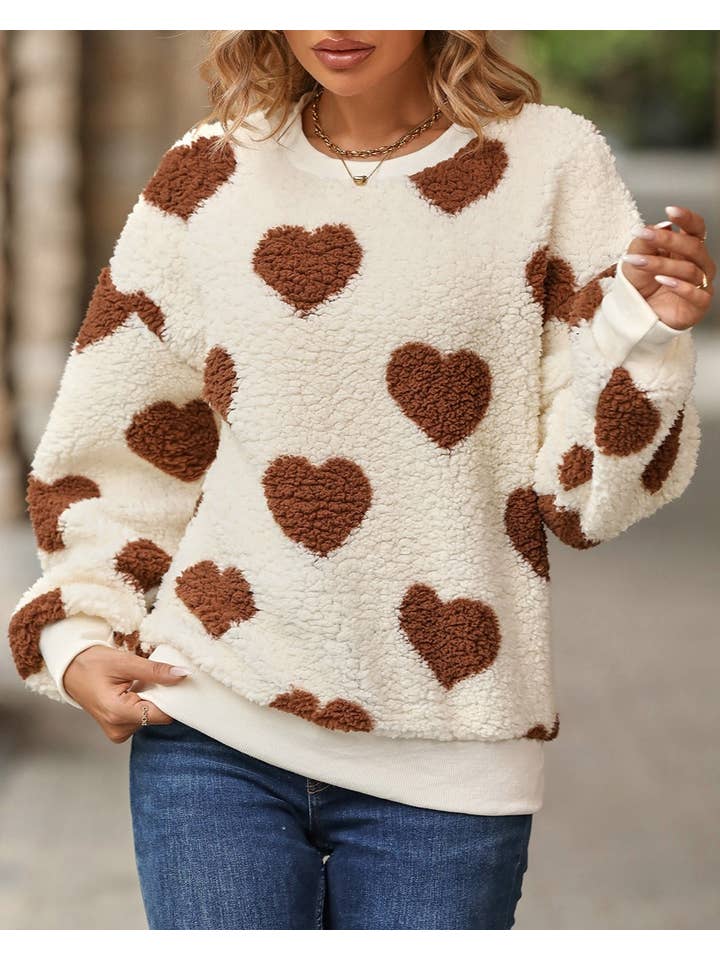HIDDENBRAND - Wholesale Sweatshirt - Women's - heart print relaxed loose sherpa teddy pullover sweatshirt4