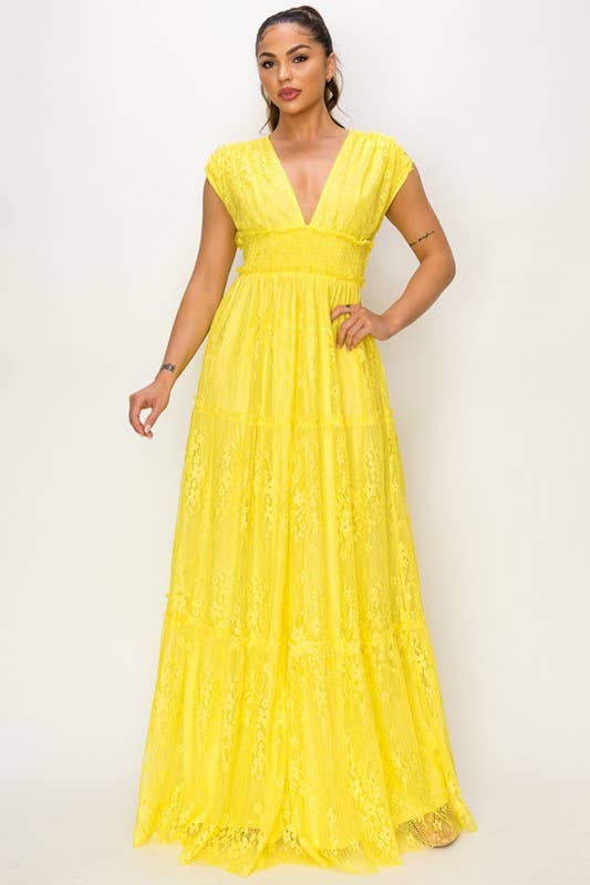 Miss Avenue - Vente Robe – femme - Robe longue volantée à col en V et à manches courtes en dentelle DM31076