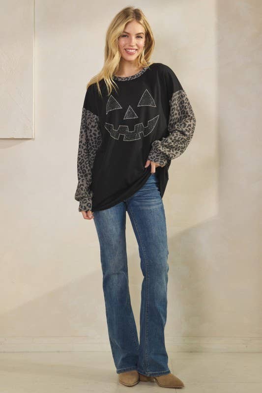 Sunday Morning - Wholesale Tunic - Women's - T0677HE12-Rhinestone Pumpkin Animal Contrast Top13