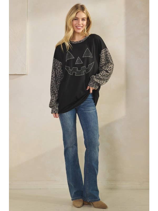 Sunday Morning - Wholesale Tunic - Women's - T0677HE12-Rhinestone Pumpkin Animal Contrast Top13