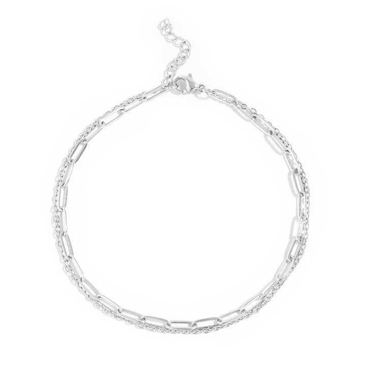 WJW - Wholesale Anklet - 2 Row Stainless Steel Loop and Paperclip Chain Anklet