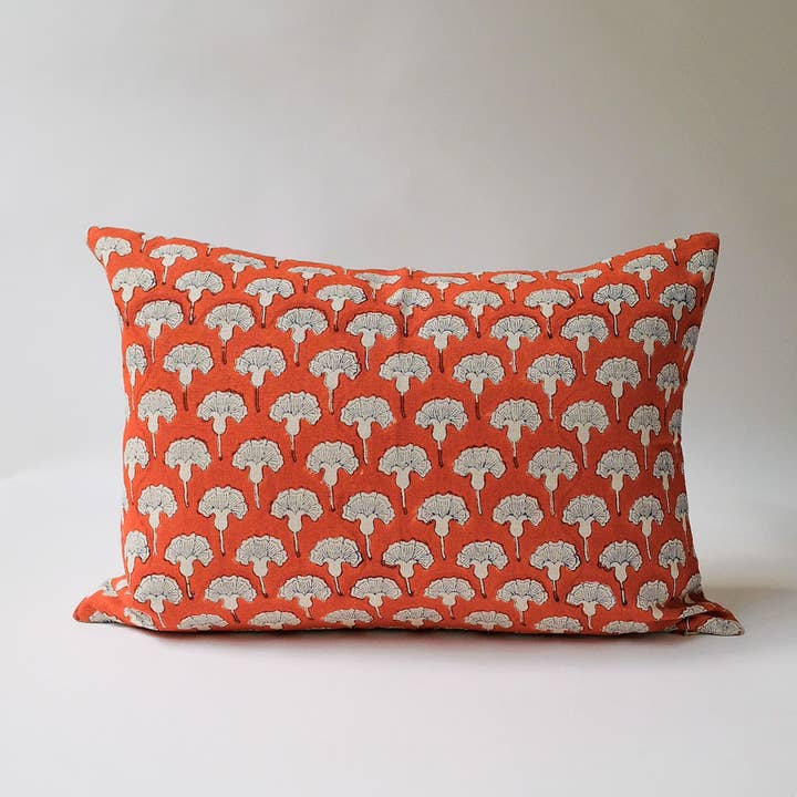 Soil to Studio - Wholesale Throw Pillow Cover - Seema - Hand Block-printed Linen Pillowcase (Poppy Orange)1