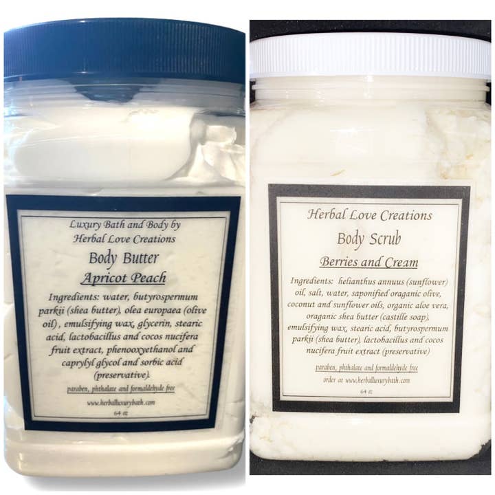 Herbal Love Creations- Luxury Bath and Body - Wholesale Body Balm/Butter - Half Gallon Combo- Body Butter and Sugar Scrub