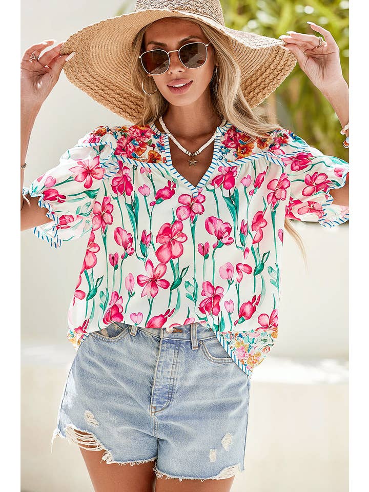 Pink LDC Floral Print Striped Detail Split Neck Blouse for wholesale on Faire