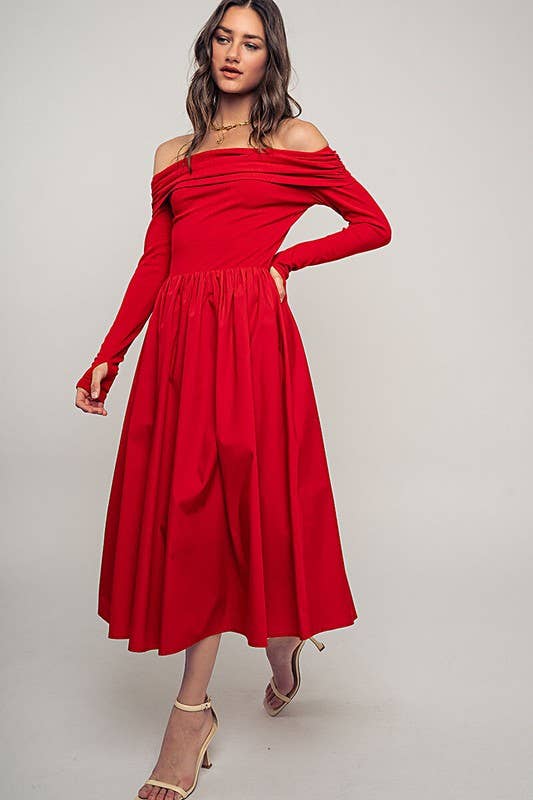 Urban Daizy - Wholesale Dress - Women's - Elegant Off Shoulder Ruched Long Sleeve Spring Midi Dress10