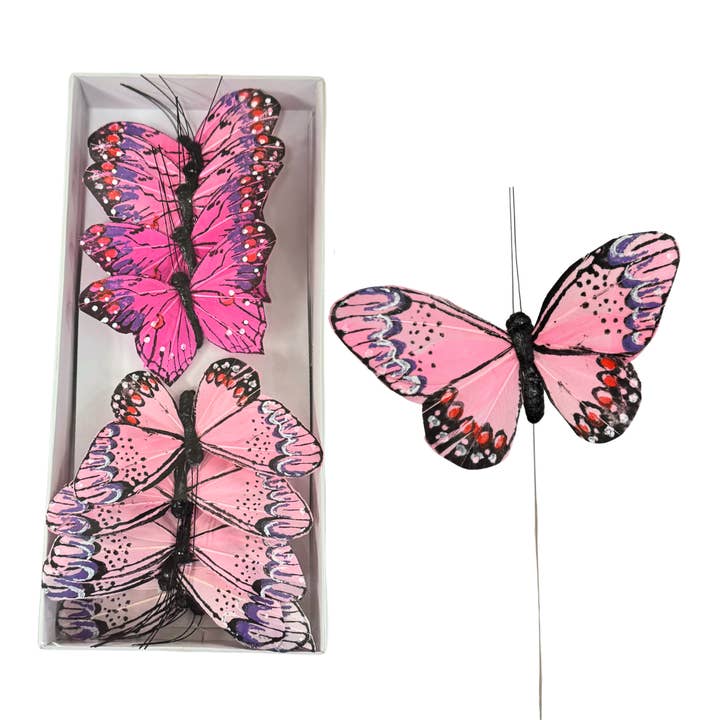 3.7-4.3"W Assorted Feather Butterflies on Wire - Pink for wholesale by Jacobson