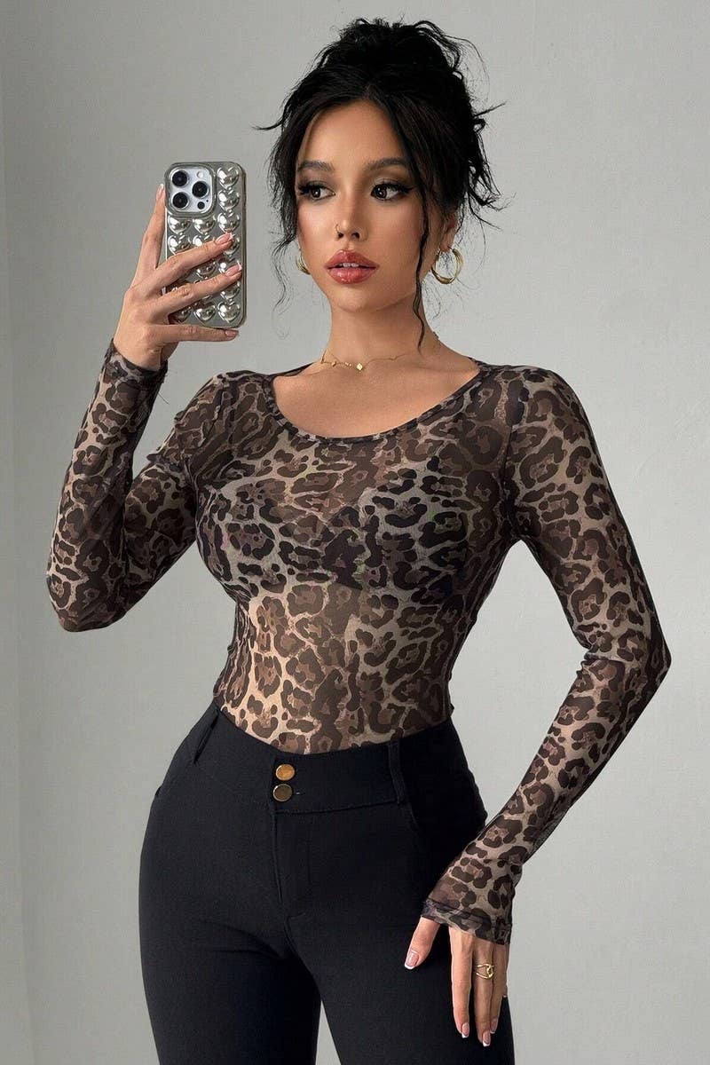 BROWN CWTBLL3911_SHEER LEOPARD MESH CREW NECK SLIM FIT TEE for wholesale on Faire1