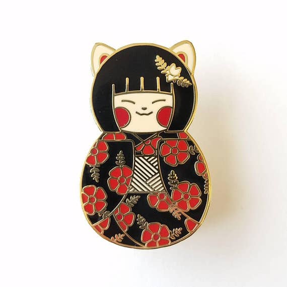 Opalescent Eel Illustration & Design - Wholesale Lapel Pin/Button - Sakura Motif enamel pin set (red & gold)1