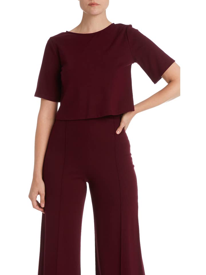 Ripley Rader - Wholesale Knit Top - Women's - Burgundy Ponte Knit Short Sleeve Tee0