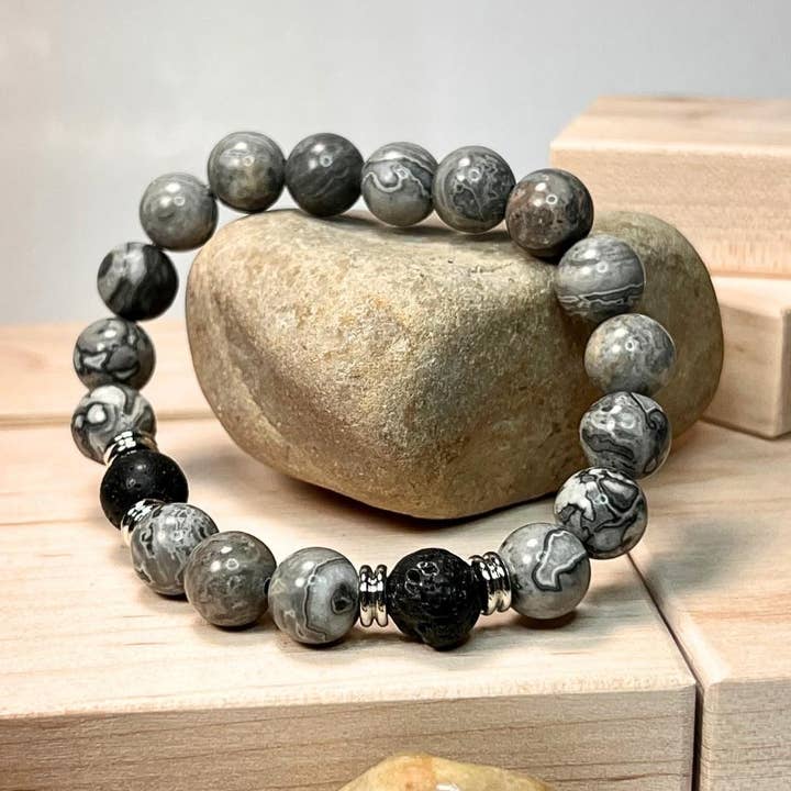 10mm grå kartsten och lava ädelsten Mala armband för wholesale av One Zero Eight