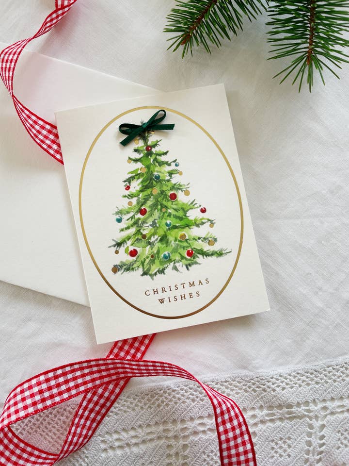 Carte de Noël Petite Arbre de Noël Vœux d'Hiver avec Feuilletage pour la vente par Annie Brougham Paper Goods.