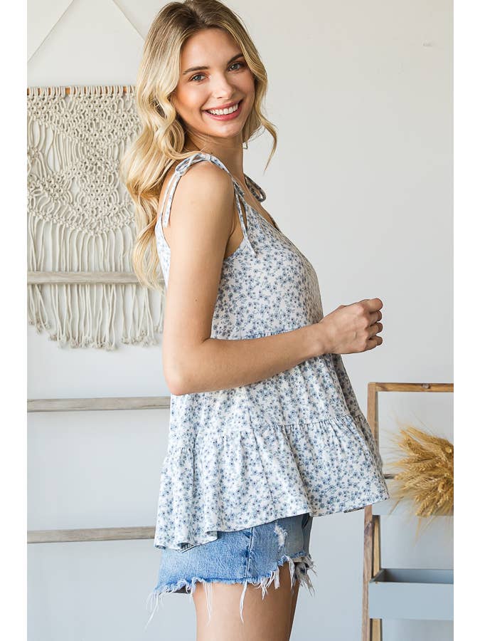 7th Ray - Wholesale Tunic - Women's - Floral Tiered Babydoll Adjustable Tie Flared Cami Top T4784