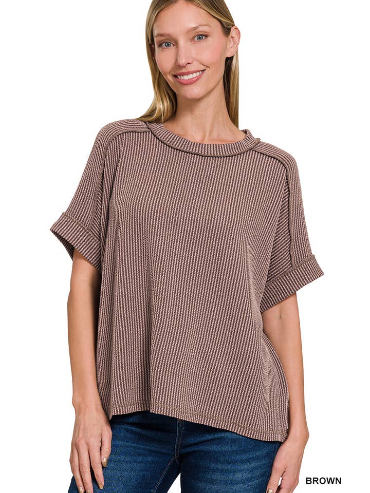 42POPS – wholesale Stickad topp - Dam – .Corded Rib Kortärmad Topp med Rå Kant34