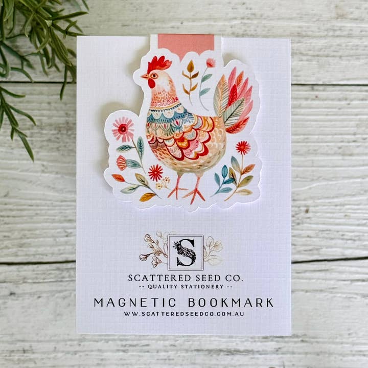 Folk Art Chicken Magnetic Bookmark - Pink Chicken for wholesale by Scattered Seed Co