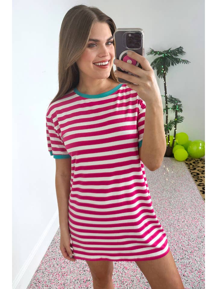 Hot Pink Living In Stripes Dress, Pink/Teal for wholesale on Faire6