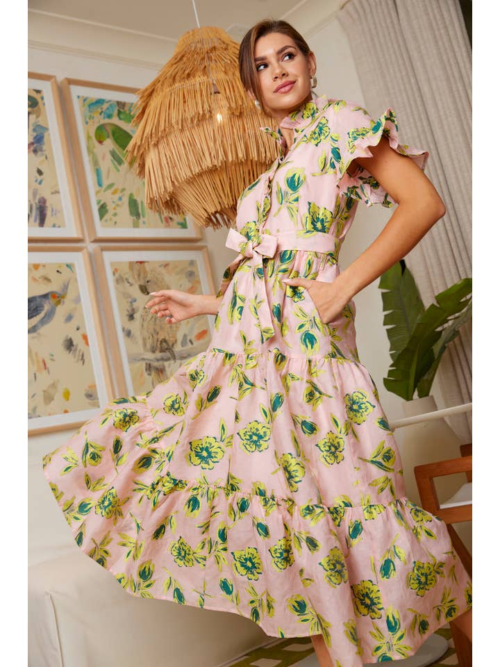 Sadie Maxi Dress Pink Tropical Tulip Jacquard for wholesale on Faire4