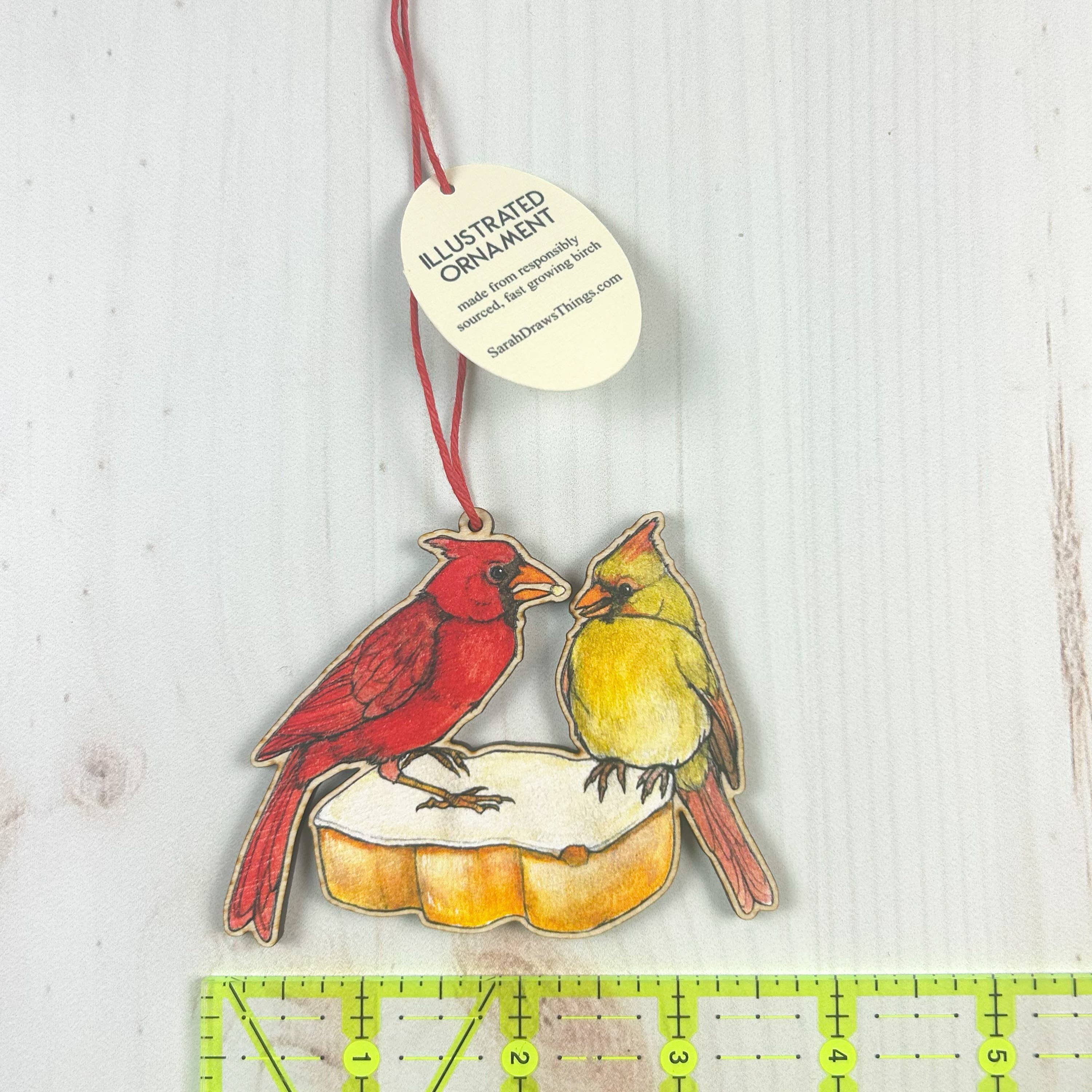 Sarah Draws Things - Wholesale Ornament - Cardinal Tastykake - 3.5" illustrated wooden tree ornament3