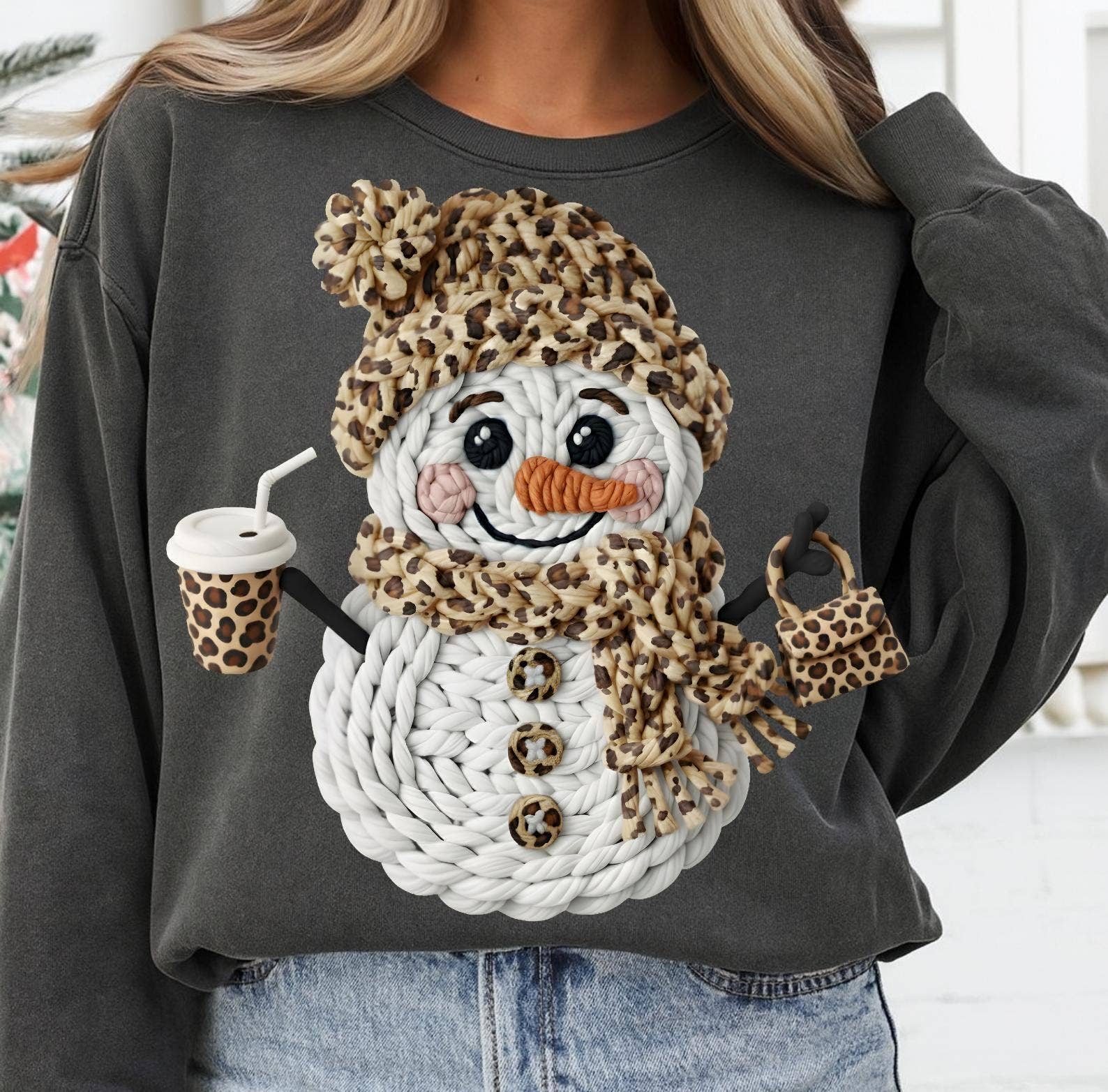DLT Ecommerce - Wholesale T-Shirt (Graphic) - Women's - Faux Yarn Crochet Snowman Shirt, Leopard Christmas Sweater5
