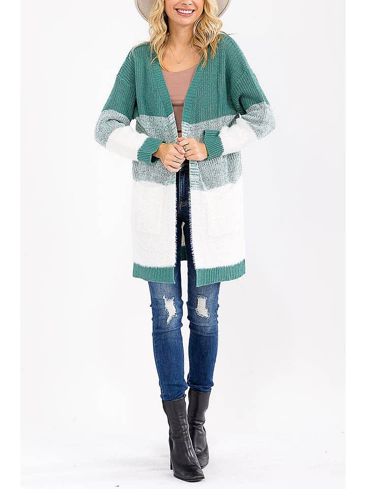 ROUSSEAU - Wholesale Cardigan - Women's - LONG SLEEVE OPEN FRONT POCKETS COLORBLOCK CARDIGAN6