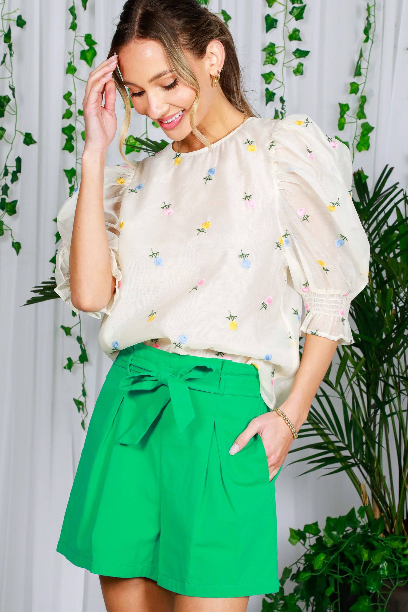 Vine & Love - Wholesale Blouse - Women's - Floral Embroidered Round Neck Organza Blouse Top VT82255-11