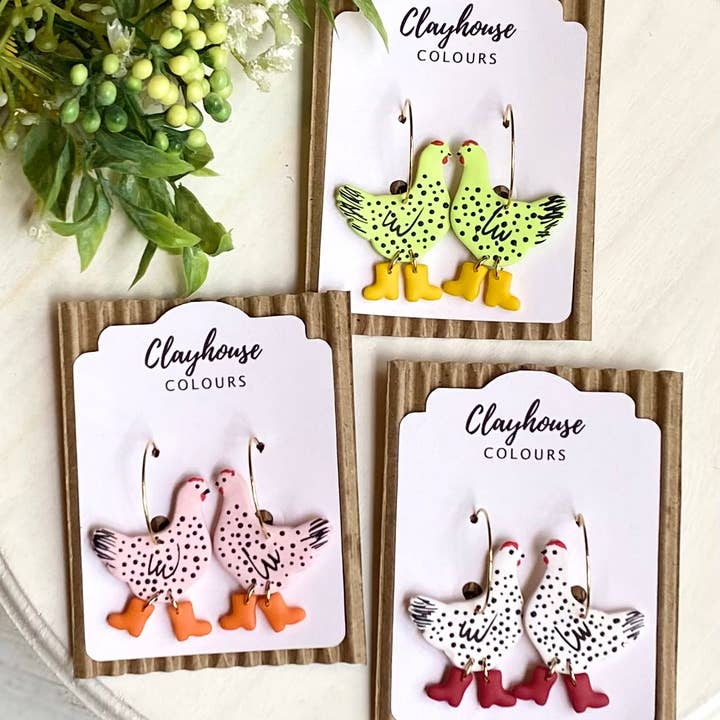 Clayhouse Colours - Wholesale Dangle Earrings - Chicken with Boots Hoops6