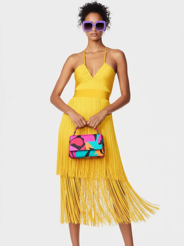 Fringe Bandage Dress With Suspender Straps For Women, Tribeca, BYMANYC New York. for wholesale by BYMANYC NEW YORK