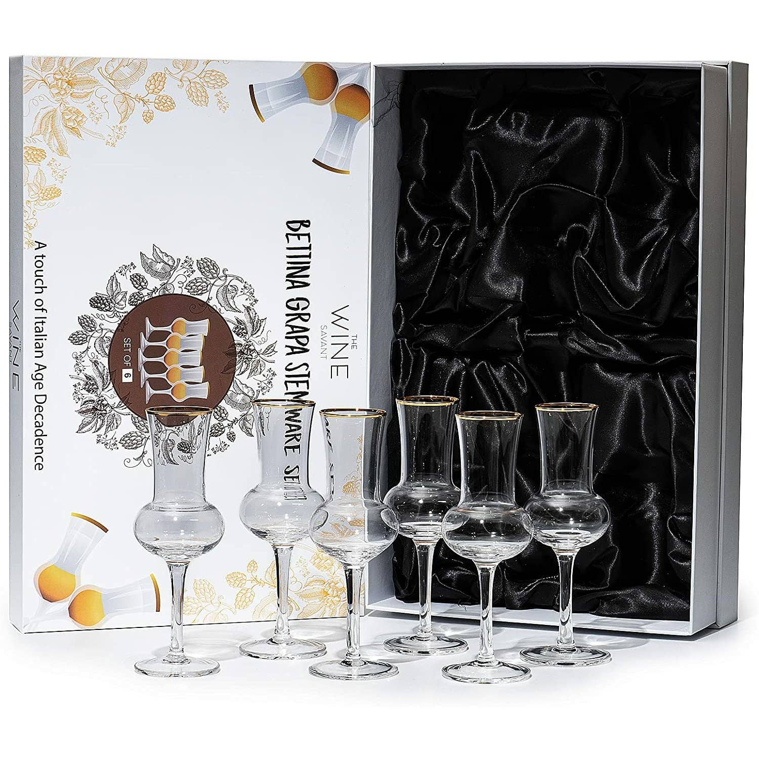 The Wine Savant /  Khen Glassware - Wholesale Cocktail/Liquor Glass - Crystal Grappa Glasses 3oz -Set of 6- In Gift Box0