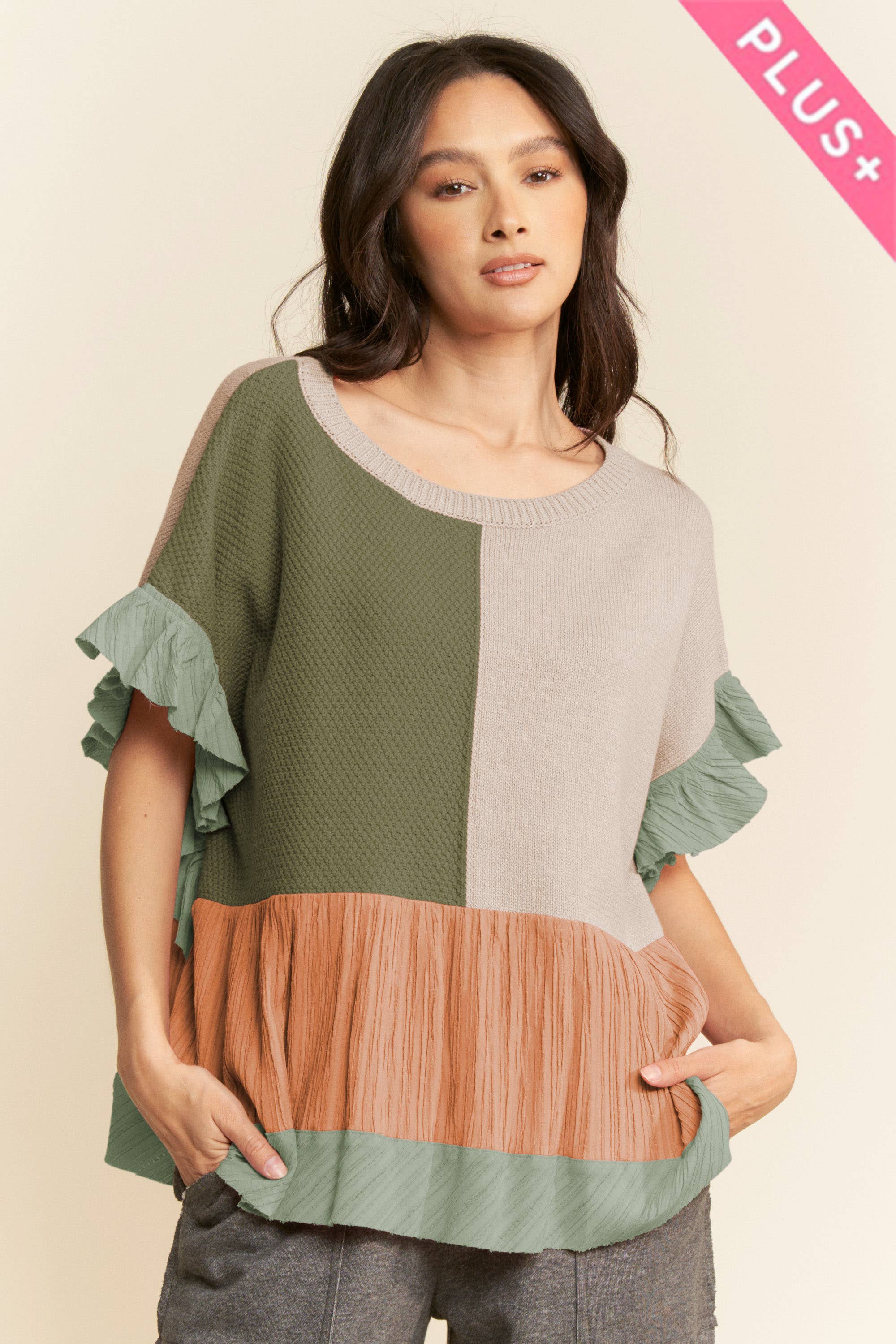 Davi & Dani – wholesale Knit top – Women's – PLUS SWEATER MIX PATCHWORK TEXTURED RUFFLE TOP4