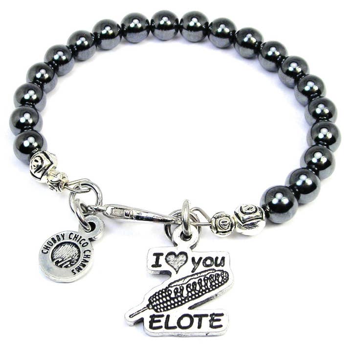 I Love You Elote Hematite Glass Bracelet Mexican Street Corn for wholesale by Chubby Chico Charms