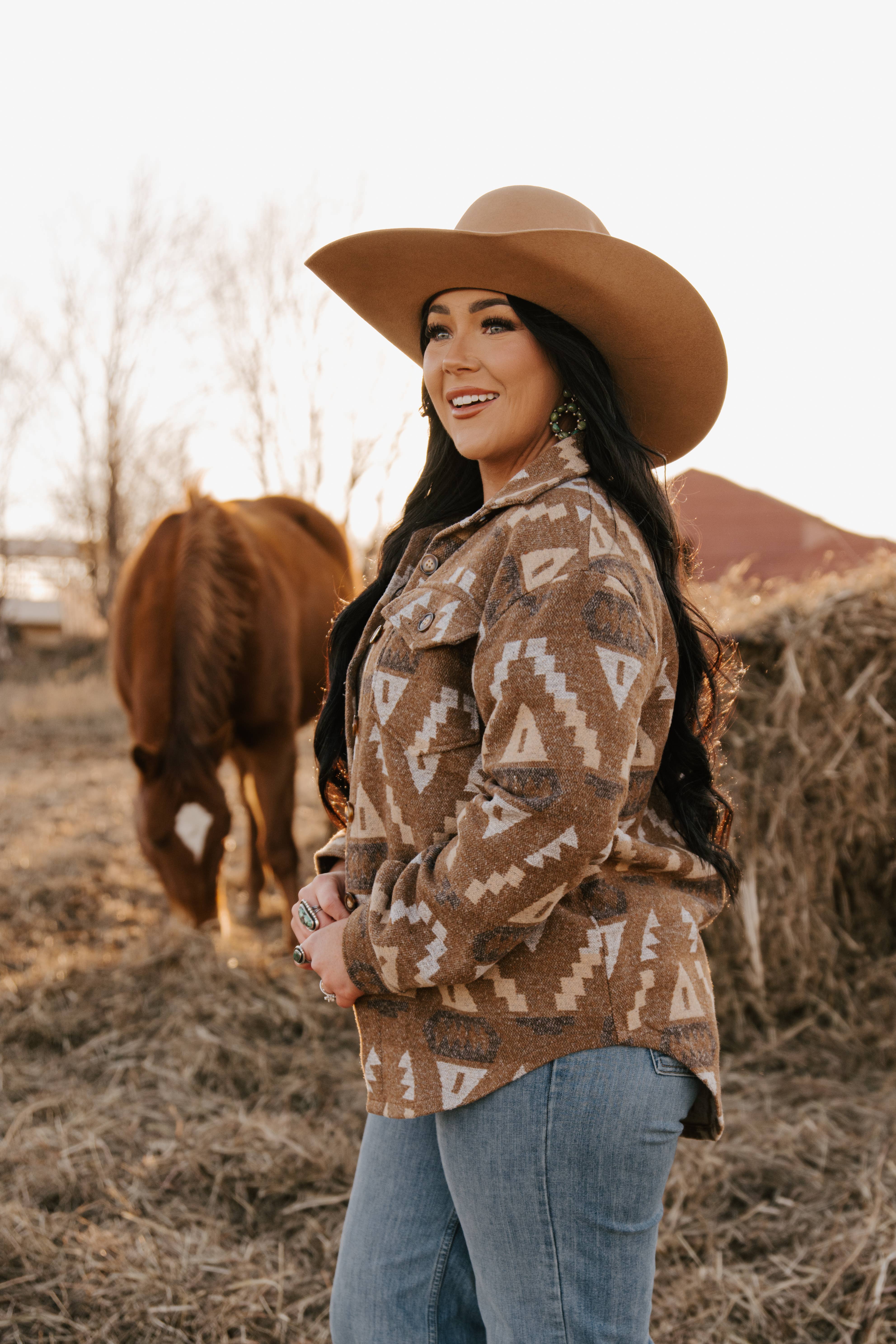 AZTEC BRUN Dame Aztec Skjortejakke med Vestlige Flap Brystlommer for engroshandel på Faire3