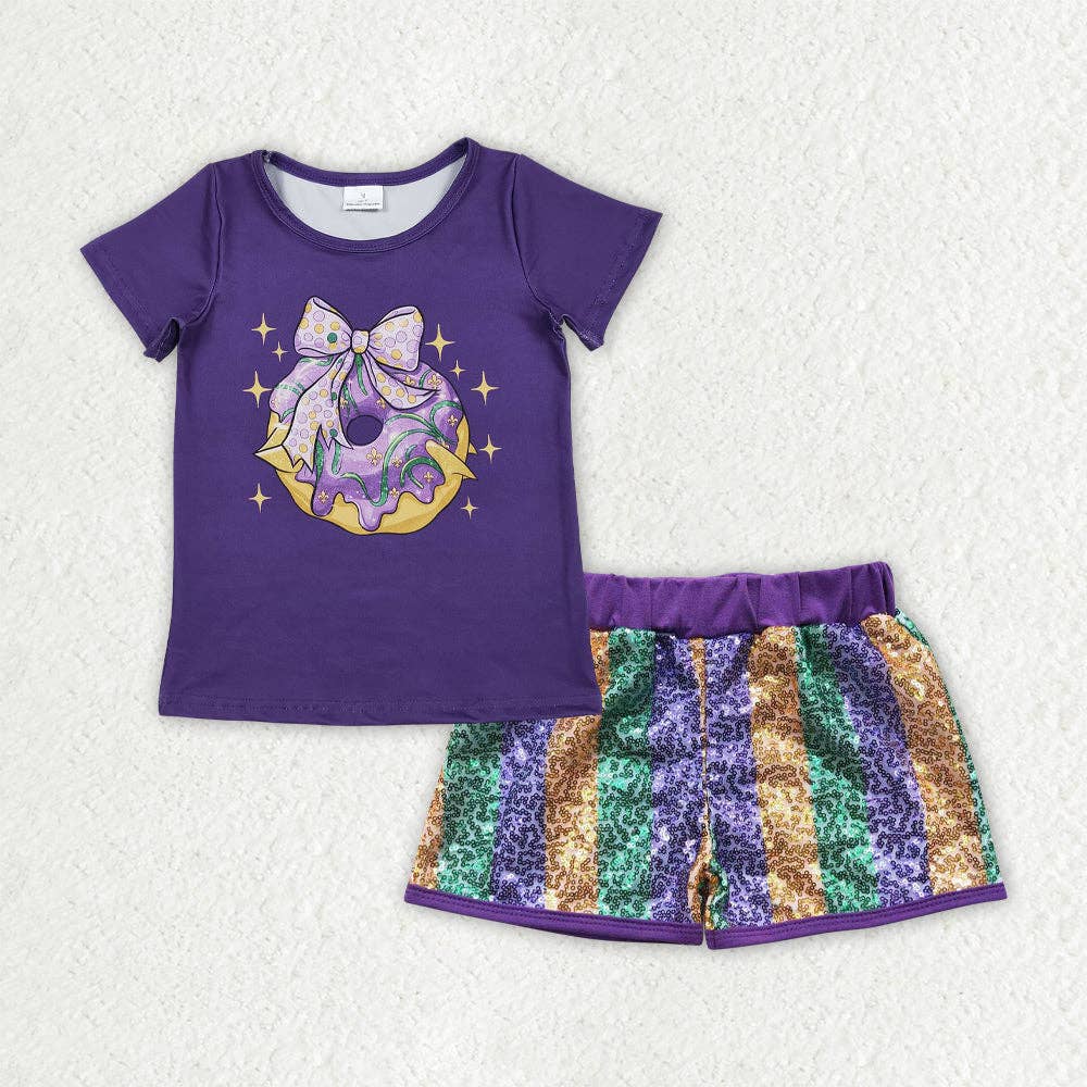Aier Wholesale - Wholesale Top & Short Set - Kids - Baby Girls Purple Bows Donuts Top Stripe Sequin Shorts Mardigras Clothes Sets0