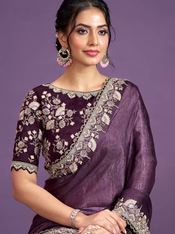 HATKE BRIDE – wholesale Blouse – Women’s – Purple Crepe Satin Crush Silk Saree With Stitched Blouse For Indian & Pakistani Wedding Festival - Sequence Embroidery Work, Stone Work1
