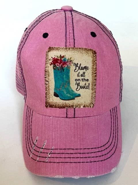 "BLAME IT ALL ON THE BOOTS" DISTRESSED TRUCKER HAT (#630) for wholesale by Jana's Flannels