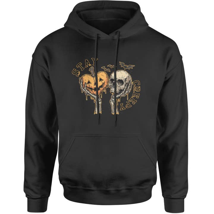 Stay Creepy Skull and Pumpkin Halloween Adult Hoodie Sweatshirt for wholesale by Expression Tees