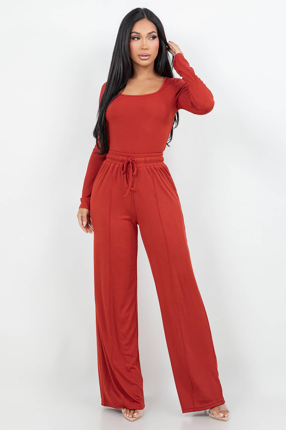 Color 5 - Wholesale Top & Pant Set (NOT Loungewear) - Women's - Long sleeve slinky bodysuit with matching flare pants set 1