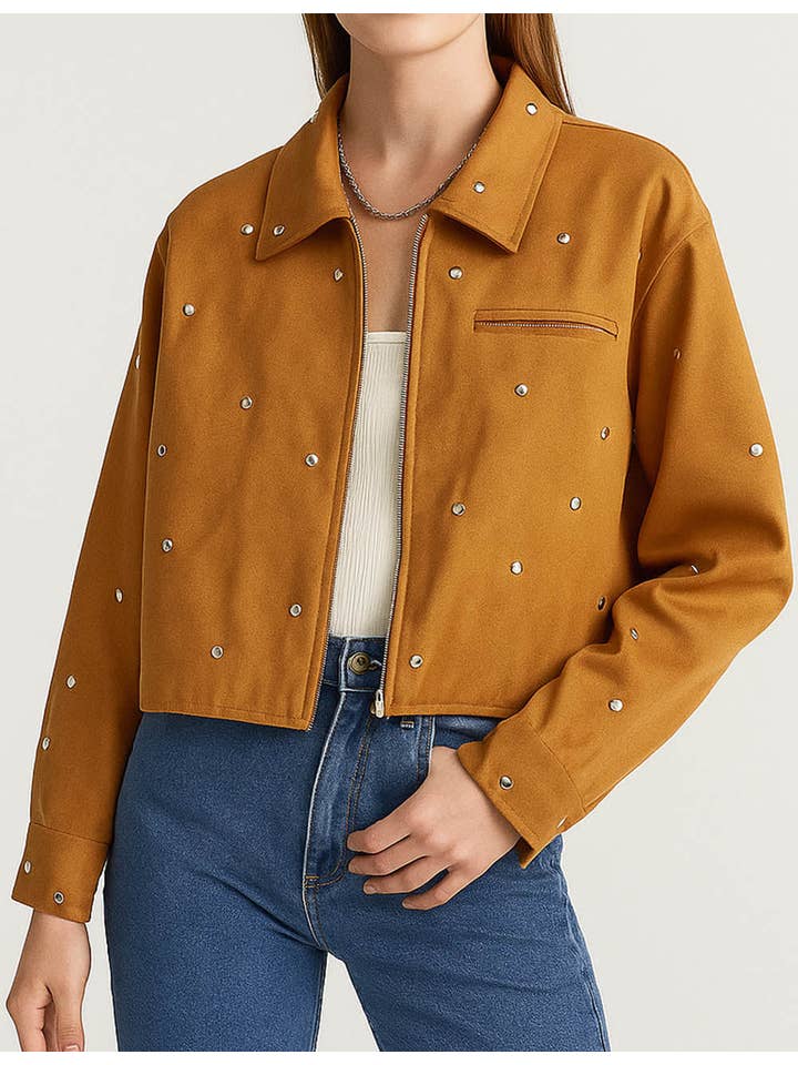 Camel Ladies Faux Suede Studded Zipper Front Cropped Jacket for wholesale on Faire