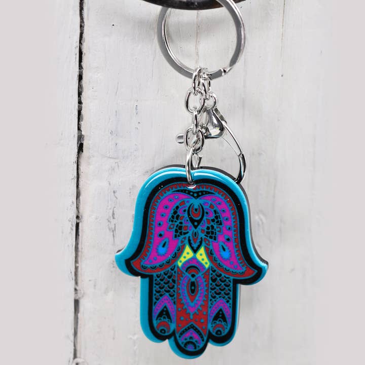 Tempest Designs – wholesale Keychain – Women's – Purple and green patterned hand of hamsa keyring