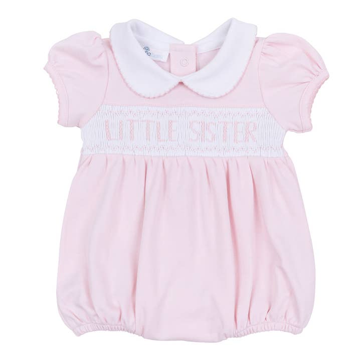 Little Sister Smocked Short Sleeve Bubble for wholesale by Magnolia Baby