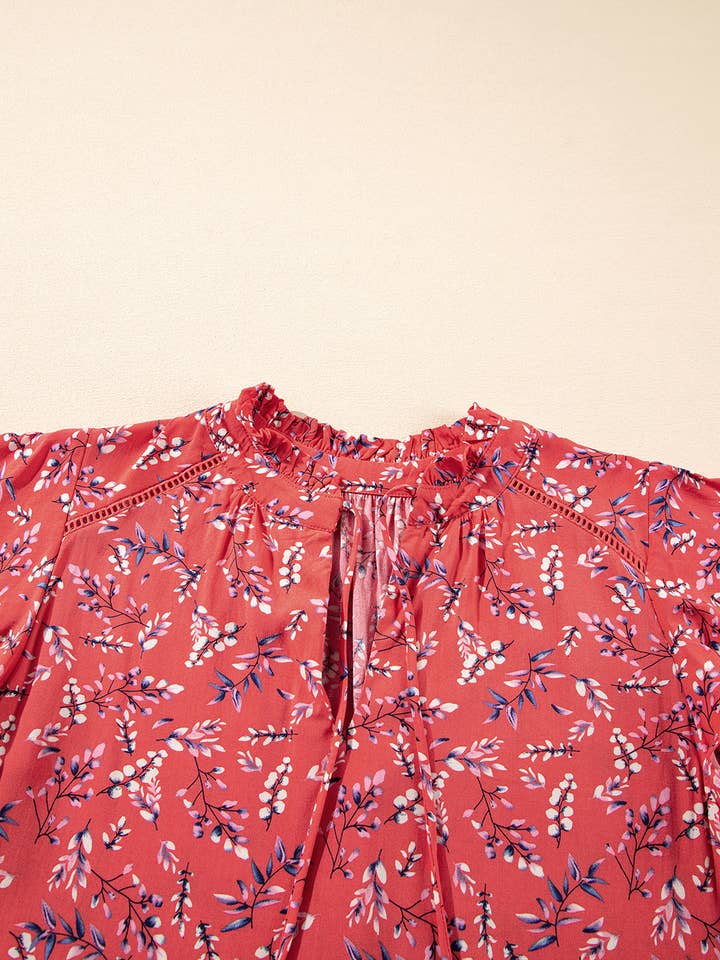 Red Floral Tie Split Neck Short Flounce Sleeve Crinkled Blouse for wholesale on Faire
