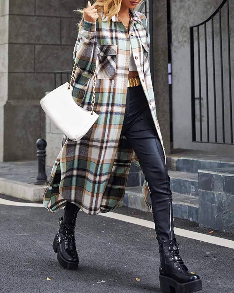 VERDE chaqueta larga estampada con botones y hombros descubiertos de venta al por mayor en Faire