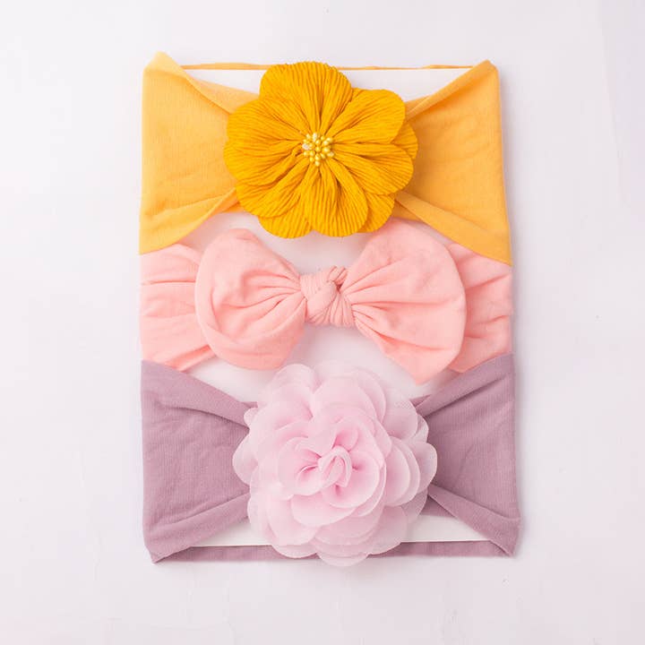 Little Chic Boutique – wholesale Hårrosett - Baby – 3 st Baby Bandana Set Rosett Blomma Hårband Grossist Babyaccessoarer V3824071000027