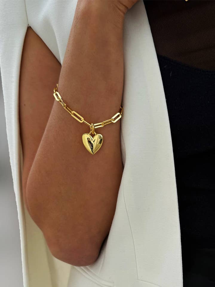 Pulsera de Cadena de Eslabones de Clip de Papel Mediano con Dije de CORAZÓN HINCHADO | Vermeil de Oro de 18K para venta al por mayor de Sonia Hou Jewelry