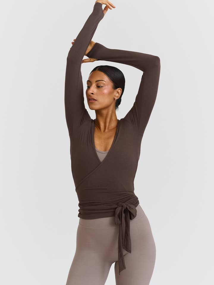 Sisterly Tribe - Wholesale Athletic top – Women′s - Soft Ballet Wrap Top - Espresso1
