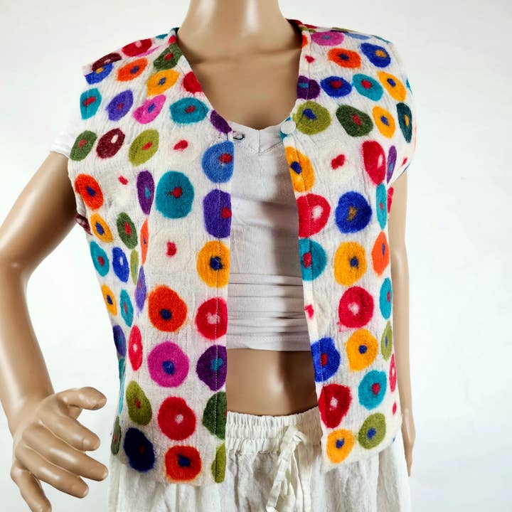 Marino Wool & White Silk Multi Polka Dot Ladies Vest for wholesale by Feltiful